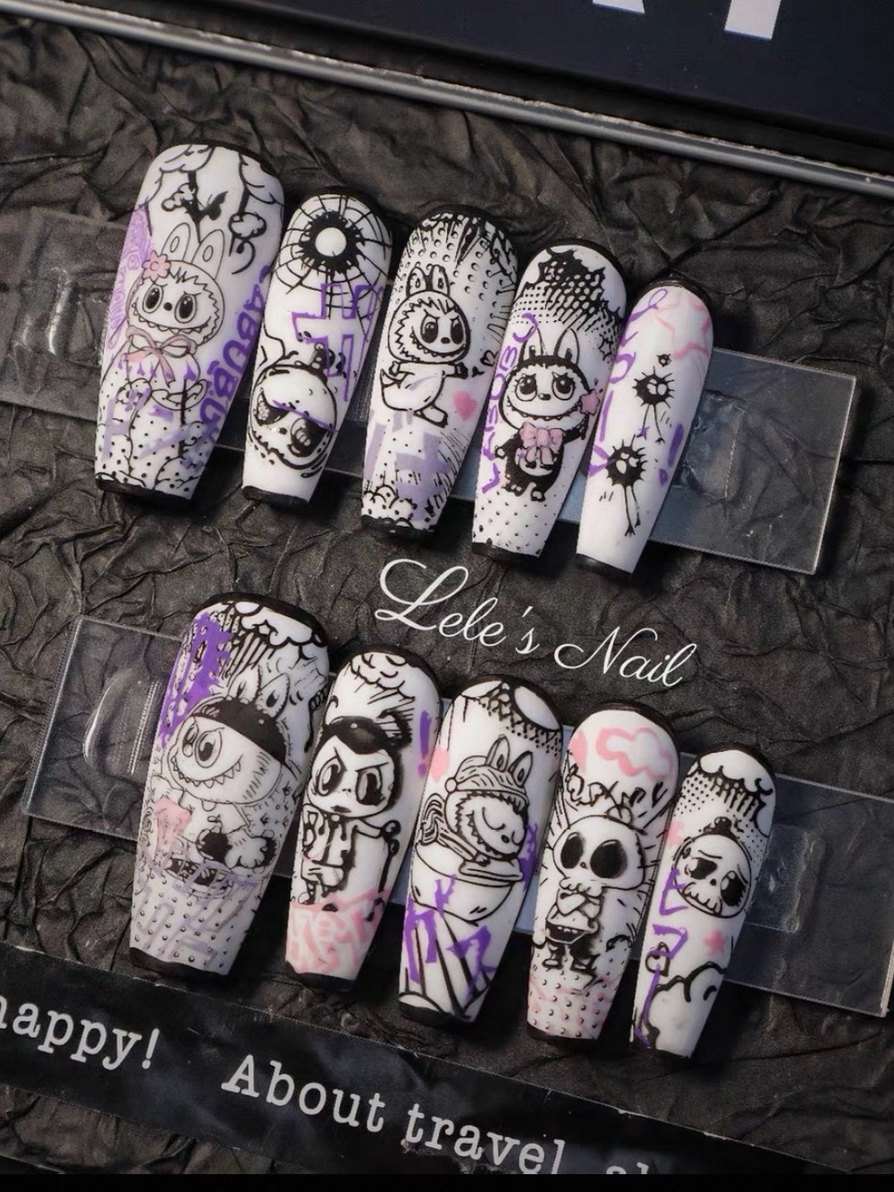 Handmade Labubu Character Press-On Nails Black White Purple Size S